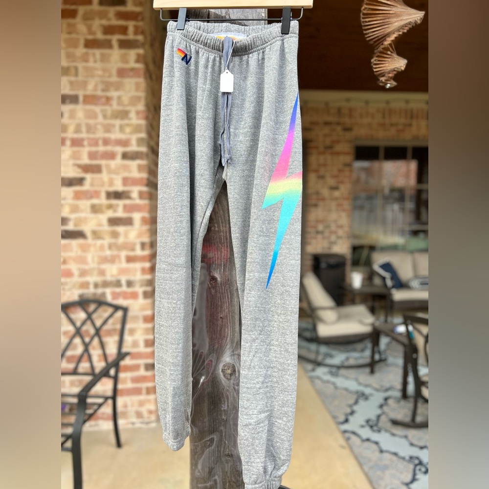 Aviator Nation sweatpants. NWT! Gray/grey with neon rainbow bolt. Size small.